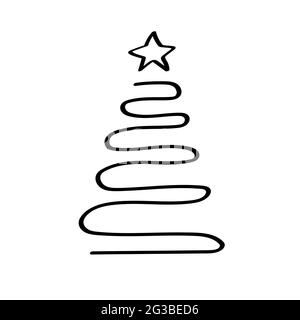 Line art christmas tree. Hand-drawn in one line a festive tree with a star. Wavy black line and star isolated on white background. Holiday tree minima Stock Vector