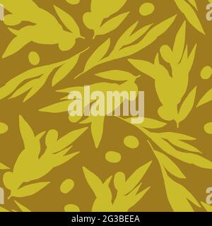 Seamless pattern Olives. Olive branches Silhouette isolated on olive background. Randomly arranged Berries and olive leaves. Vector natural product il Stock Vector