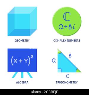 Mathematics icons set in flat style. Algebra expressions, geometry, trigonometry, complex numbers. Vector illustration. Stock Vector