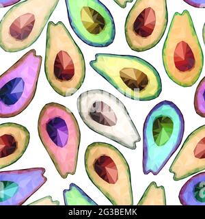 Seamless low poly avocado pattern. Vector polygonal avocado sign on white background. Color healthy fruits, proper nutrition, snacks, vegetables, eat. Stock Vector