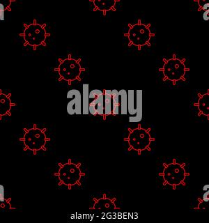 Seamless Coronavirus vector pattern. Sign of 2019-nCoV, MERS-Cov, Novel coronavirus. Black wallpaper with red virus model for medical illustration, we Stock Vector
