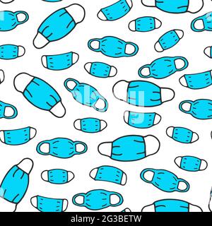Seamless pattern. Doodle protective medical mask isolated on white background. Set of blue cartoon masks for doctors, patients, protection against dis Stock Vector