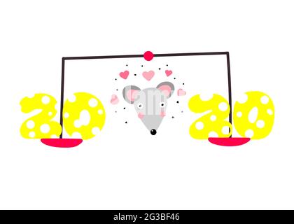 New Year's illustration of 2020. Cute mouse and scales with numbers 20 made of cheese isolated on a white background. Surprised character rat is a sym Stock Vector