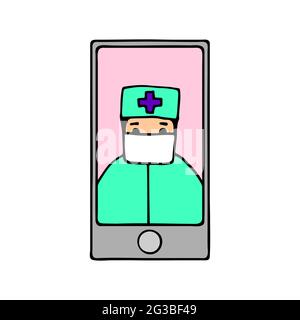 Doodle concept online doctor. Hand-drawn phone with a medical staff. Kind character in a medical protective mask. Medical vector illustration, health Stock Vector