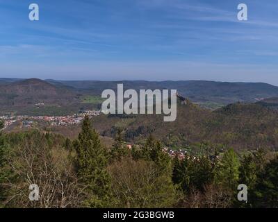Beautiful view over the southern part of Palatinate Forest, Germany with small town Annweiler and reconstructed medieval castle Trifels on rocky hill. Stock Photo