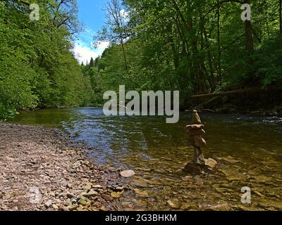 View of river with clear water in famous Wutach Gorge ('Wutachschlucht') in the south of Black Forest, Germany on sunny day in spring season. Stock Photo