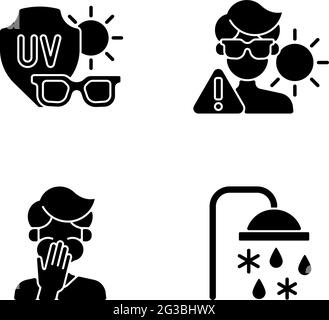 UV rays exposure risk black glyph icons set on white space Stock Vector