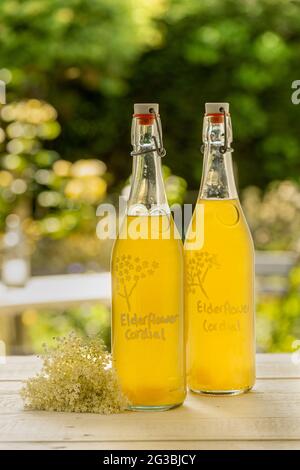 Glass swing top bottles of elderflower cordial, along with the elderflowers on a table with out of focus garden in the background. Stock Photo