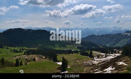 Beautiful panoramic view over Grasgehren in the Allgäu Alps near Oberstdorf, Bavaria, Germany viewed from Riedberger Horn on sunny day in early summer. Stock Photo