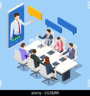 Isometric video conference. Online meeting work form home. Business analysis, analytics, research, strategy statistic, planning, marketing, study of Stock Vector