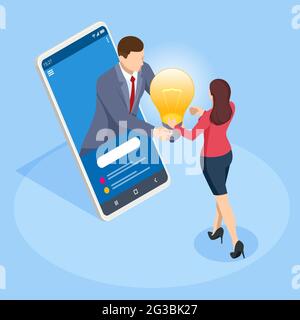 Isometric Develop Creative Business Idea Concept. Finance, Economy, Banking, Success, Personal Security. Characters Communicating Brainstorming Stock Vector