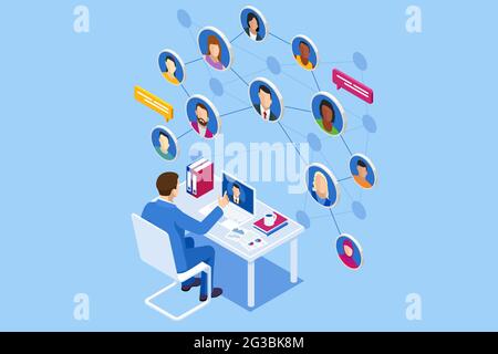 Isometric social network concept. Man laptop using ,Social, media, Marketing concept. Online messaging service. Chatting mobile application Stock Vector