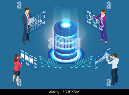 Isometric cloud computing concept represented by a server, with a cloud representation hologram concept. Data center cloud, computer connection