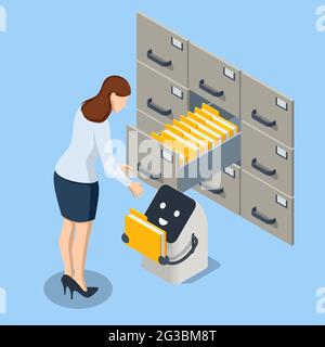 Isometric artificial intelligence robot helps in working with the database concept. Artificial intelligence provide access to information Stock Vector