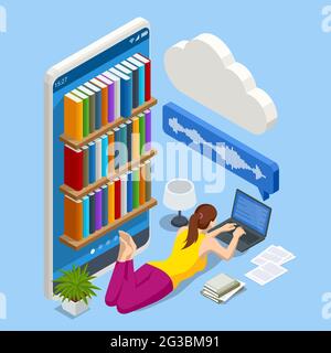 Isometric Audiobooks concept. Listening to e-books in audio format. Books online. Online training banner Stock Vector