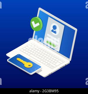 Isometric Two steps authentication on computer. Smartphone and computer safety login or signin, two steps verification via mobile phone and laptop Stock Vector