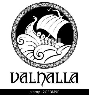 Viking, Scandinavian design. Drakkar with a dragons head. Warship of the Vikings and Scandinavian pattern, isolated on white, vector illustration Stock Vector