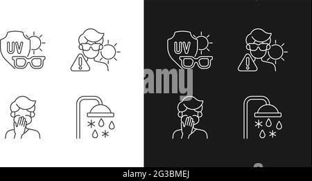 UV rays exposure risk linear icons set for dark and light mode Stock Vector