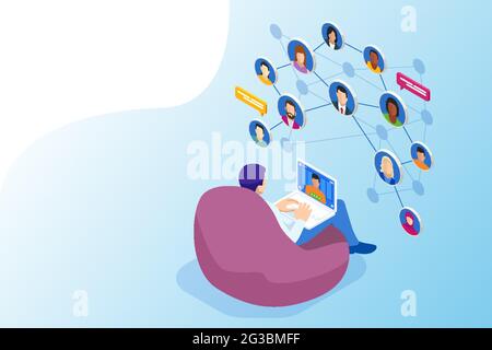 Isometric social network concept. Man laptop using ,Social, media, Marketing concept. Online messaging service. Chatting mobile application Stock Vector