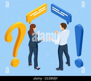 Isometric people around exclamation and question marks Question answer metaphor. Communication of people in search of solutions to problems Stock Vector