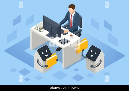 Isometric artificial intelligence robot helps in working with the database concept. Artificial intelligence provide access to information Stock Vector