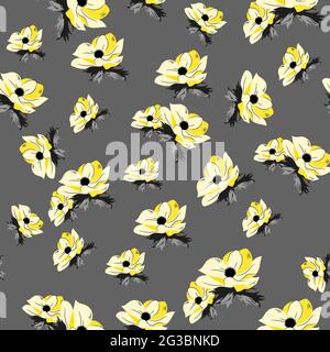 Stylish seamless pattern with yellow flowers and grey leaves on the white background. Vector pattern with tiny flowers in pantone 2021 colors. Templat Stock Vector