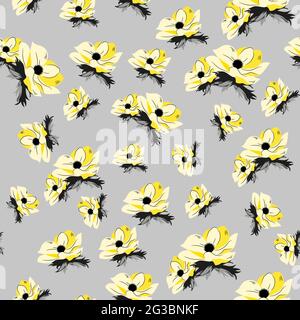 Stylish seamless pattern with yellow flowers and grey leaves on the white background. Vector pattern with tiny flowers in pantone 2021 colors. Templat Stock Vector