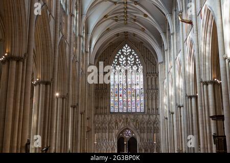 Morning light streams into the west wing of York Minster. York Minster is one of the largest cathedrals in northern europe. Stock Photo