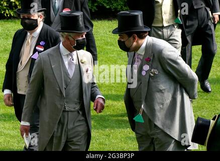 The Prince of Wales speaks to His Highness Sheikh Hamad bin Abdullah Al-Thani during day one of Royal Ascot at Ascot Racecourse. Picture date: Tuesday June 15, 2021. Stock Photo