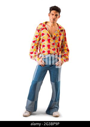 Young man in stylish colorful outfit isolated on white Stock Photo