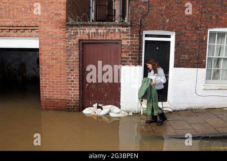 A local woman in York tries to return to her place of work by wading through the waters of the River Ouse after it bursts its banksin the City of York Stock Photo