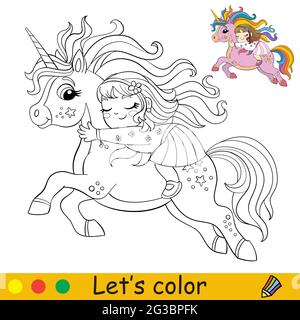 Cute little girl sleeps on back of a running unicorn. Coloring book page with colorful template for kids. Vector isolated illustration. For coloring b Stock Vector