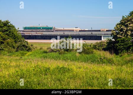 BERLIN, JUN 7: Abandoned terminal at the former Tempelhof Airport on Jun 7, 2013 in Berlin. The Tempelhof was the landing airport of west Berlin durin Stock Photo