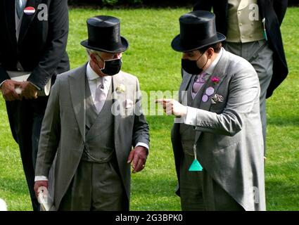 The Prince of Wales speaks to His Highness Sheikh Hamad bin Abdullah Al-Thani during day one of Royal Ascot at Ascot Racecourse. Picture date: Tuesday June 15, 2021. Stock Photo