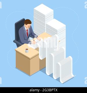 Isometric Routine, Bureaucracy, Big Data, Paperwork and Office. Lot of Paperwork and Bureaucracy Stock Vector