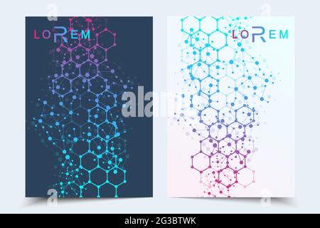 Vector templates for brochure magazine leaflet flyer cover booklet annual report. Modern futuristic hexagonal pattern with particle, molecule Stock Vector