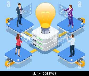 Isometric Online devices upload, download information, data in database on cloud services. Business Intelligence and business rule, big data analytics Stock Vector