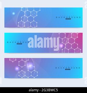 Scientific set of modern vector banners. DNA molecule structure with connected lines and dots. Scientific and technology concept. Wave flow graphic Stock Vector