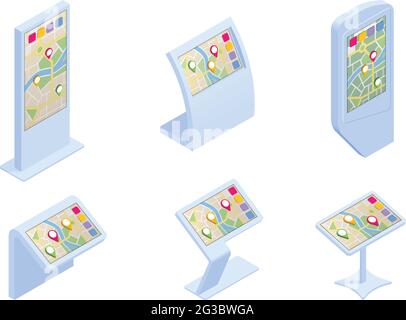 Isometric Promotional Interactive Information Kiosk, Advertising Display, Terminal Stand, Touch Screen Display. Interactive touchscreen with city map Stock Vector