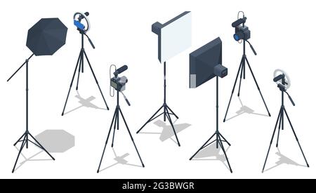 Isometric Video Blogger Recording Video With Camera. Equipment for making video for blog, vlog review or online streaming. Studio lamp light ring Stock Vector