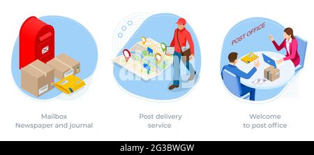 Isometric concept of Mailbox, Newspaper and journal, Post delivery service and Welcome to post office. Post service. Stock Vector