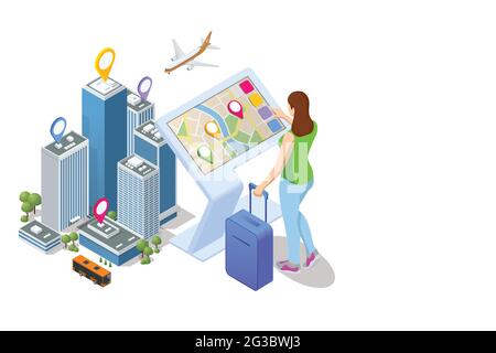 Isometric Promotional Interactive Information Kiosk, Advertising Display, Terminal Stand, Touch Screen Display. Woman use interactive touchscreen with Stock Vector