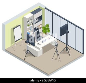 Isometric Video Blogger Recording Video With Camera. Equipment for making video for blog, vlog review or online streaming. Studio lamp light ring Stock Vector