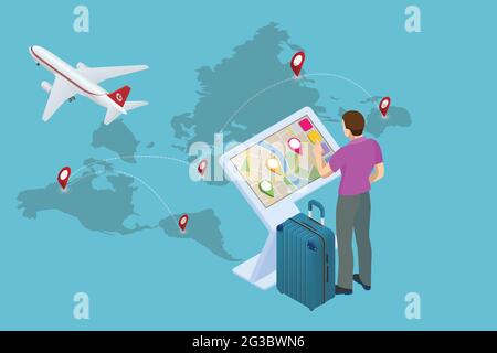 Isometric Promotional Interactive Information Kiosk, Advertising Display, Terminal Stand, Touch Screen Display. Interactive touchscreen with city map Stock Vector