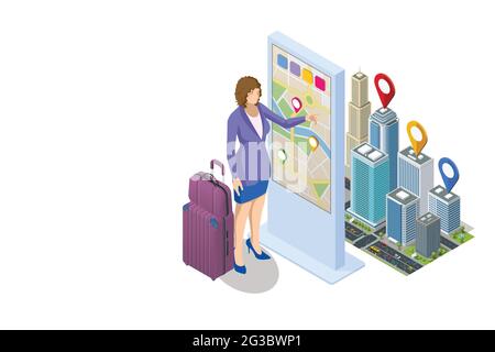 Isometric Promotional Interactive Information Kiosk, Advertising Display, Terminal Stand, Touch Screen Display. Woman use interactive touchscreen with Stock Vector