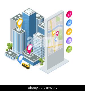 Isometric Promotional Interactive Information Kiosk, Advertising Display, Terminal Stand, Touch Screen Display. Interactive touchscreen with city map Stock Vector