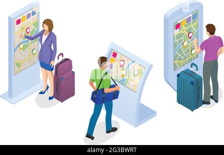 Isometric Promotional Interactive Information Kiosk, Advertising Display, Terminal Stand, Touch Screen Display. Interactive touchscreen with city map Stock Vector