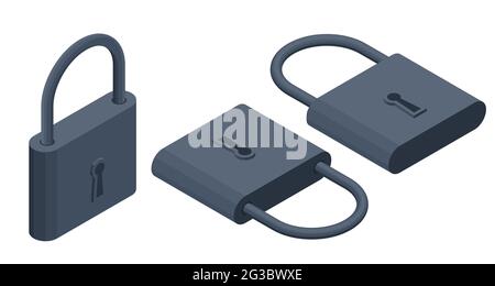 Isometric Locked Black Padlock on the white background. Stock Vector
