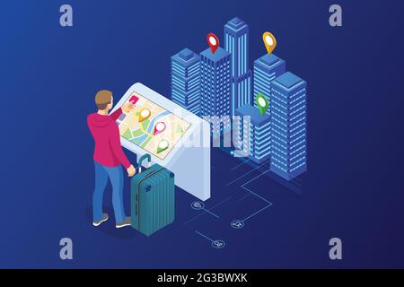 Isometric Promotional Interactive Information Kiosk, Advertising Display, Terminal Stand, Touch Screen Display. Man use interactive touchscreen with Stock Vector