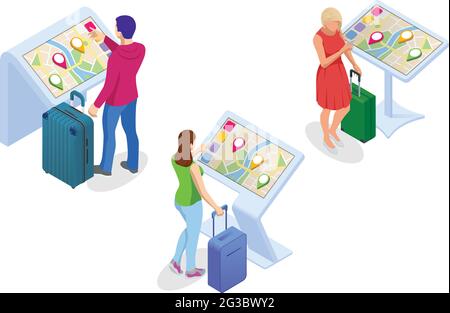 Isometric Promotional Interactive Information Kiosk, Advertising Display, Terminal Stand, Touch Screen Display. Interactive touchscreen with city map Stock Vector